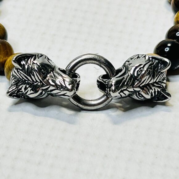 Tigers Eye Wolf Heads Bracelet Stainless Steel, Brown, Stretch, Spiritual Unisex - Picture 2 of 5